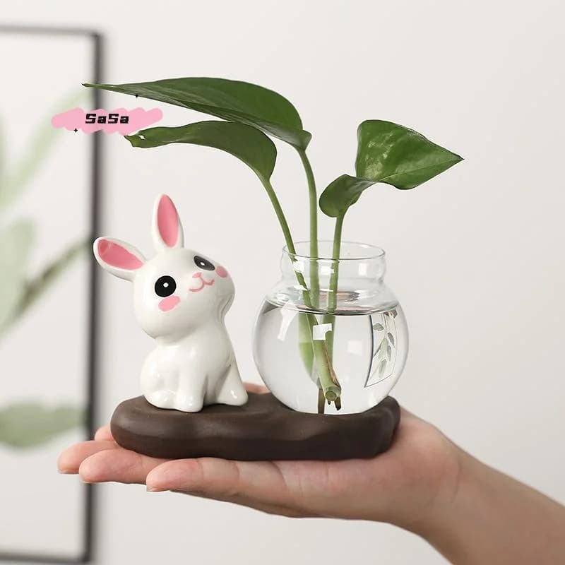 Vaso Idroponico a Forma di Coniglio S-1, Vaso in Vetro Trasparente per Decorazione da Tavolo, Bottiglia per Fiori Acquatici con Base in Legno