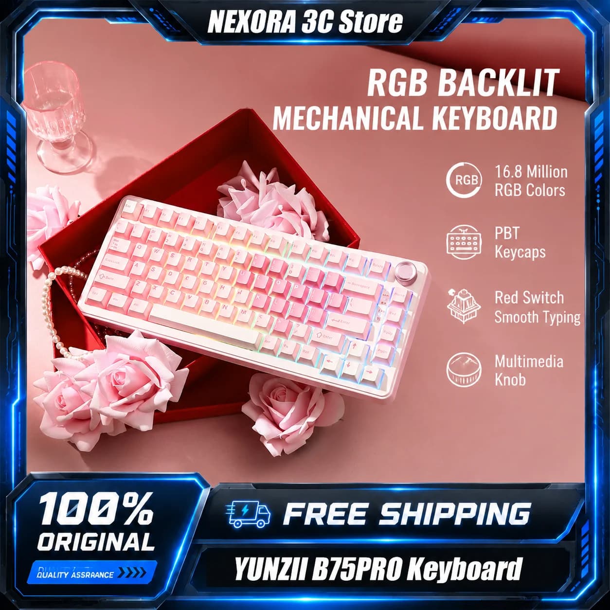 YUNZII B75 PRO Pink Mechanical Gaming Keyboard Gasket Mounted 75% Layout with Knob Tri-mode Wireless RGB Custom Creamy Keeb