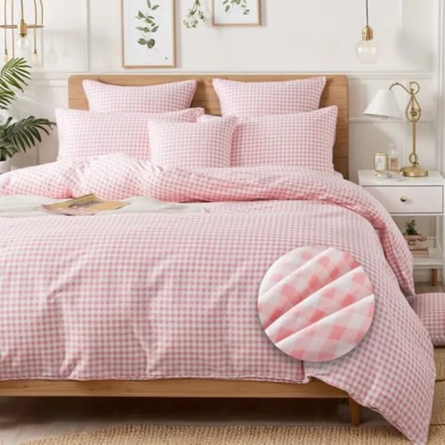 Pink Plaid Full Size Duvet Cover Set 100% Cotton Geometric Checker Bedding Teens Grid White Gingham Pattern College Bedding Zip