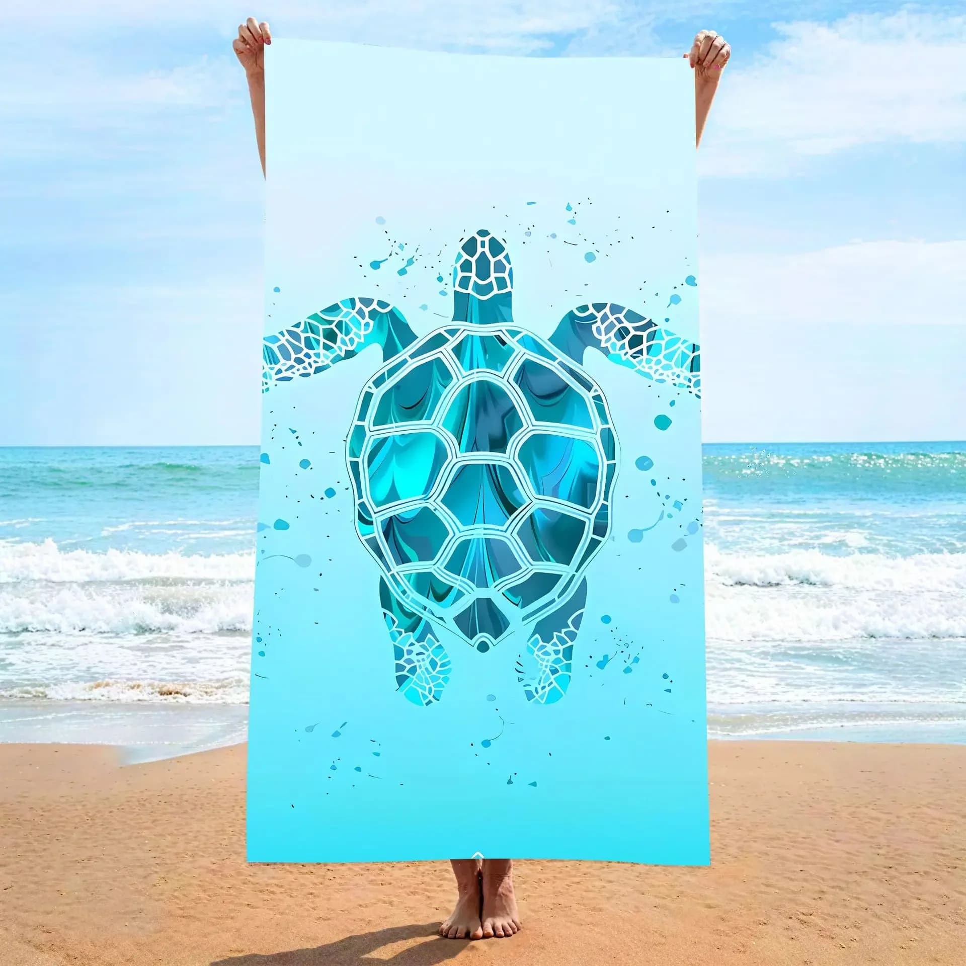Telo mare blu e bianco con stampa tartaruga, protezione solare e antivento, adatto per piscina, campeggio, coperta da viaggio