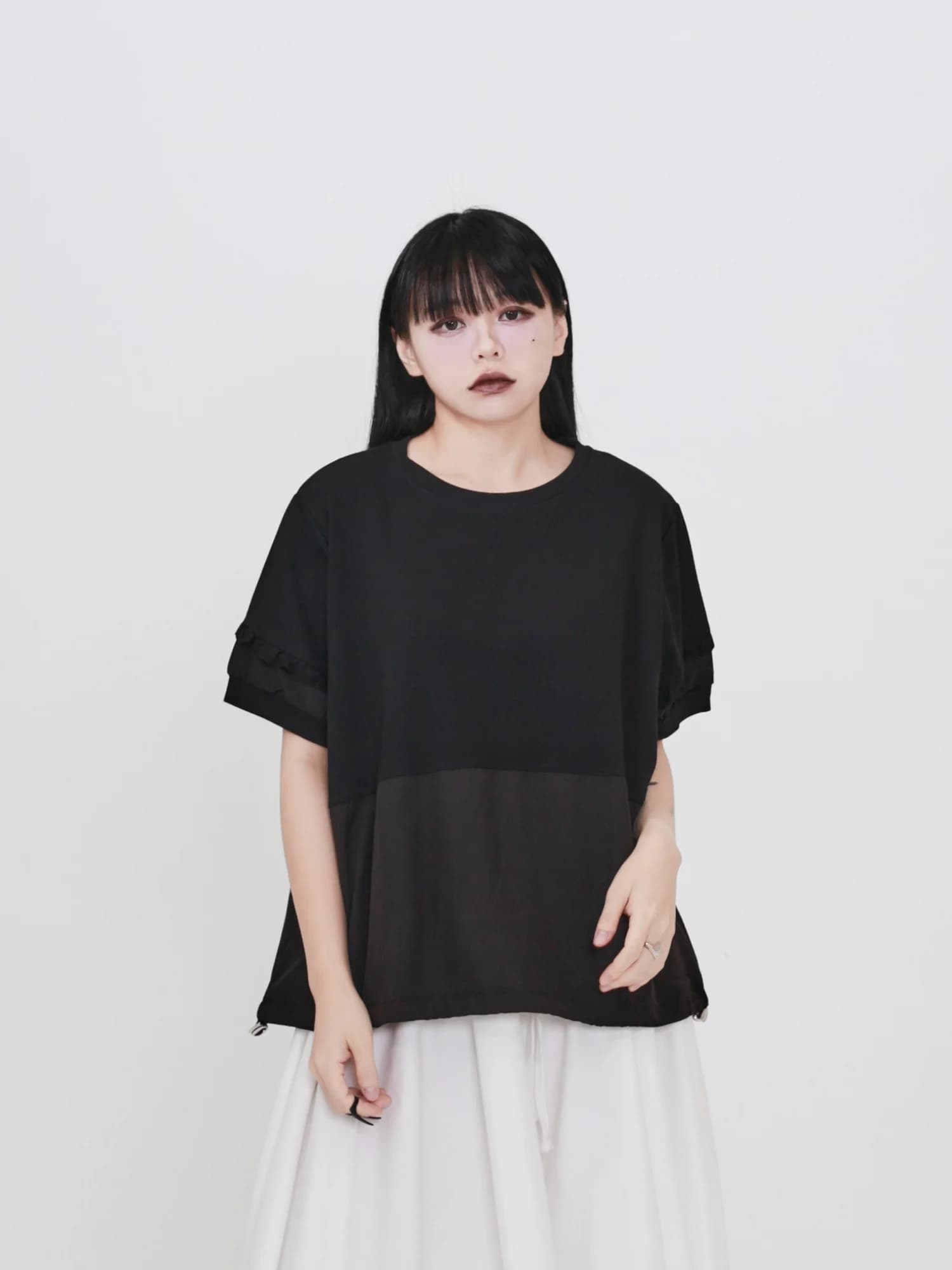 Hidden Seek 2025 Summer New Dark Style Loose Fit Short Sleeve T-Shirt with Drawstring Splicing Design Universal Vintage Cotto...