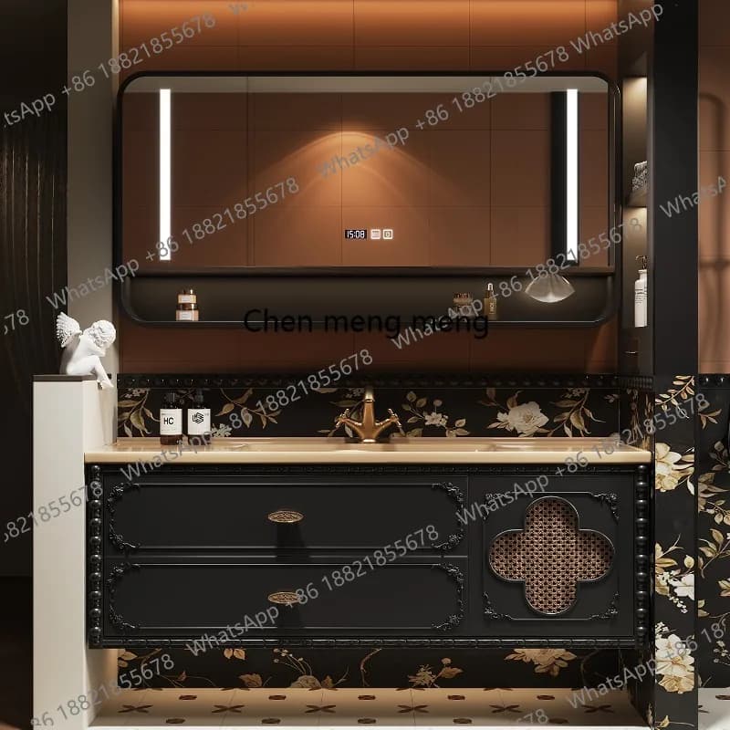 Mobile Bagno Nero Europeo Classico Rustico Stretto con Specchio Smart - Meuble Salle De Bain