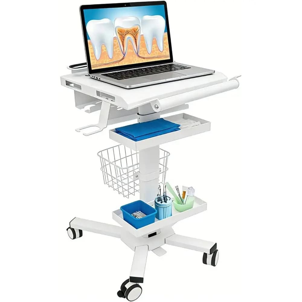 Carrello da Lavoro Mobile Regolabile in Altezza con Supporto per Laptop e Presa Multipla per Cliniche, Ospedali, Uffici