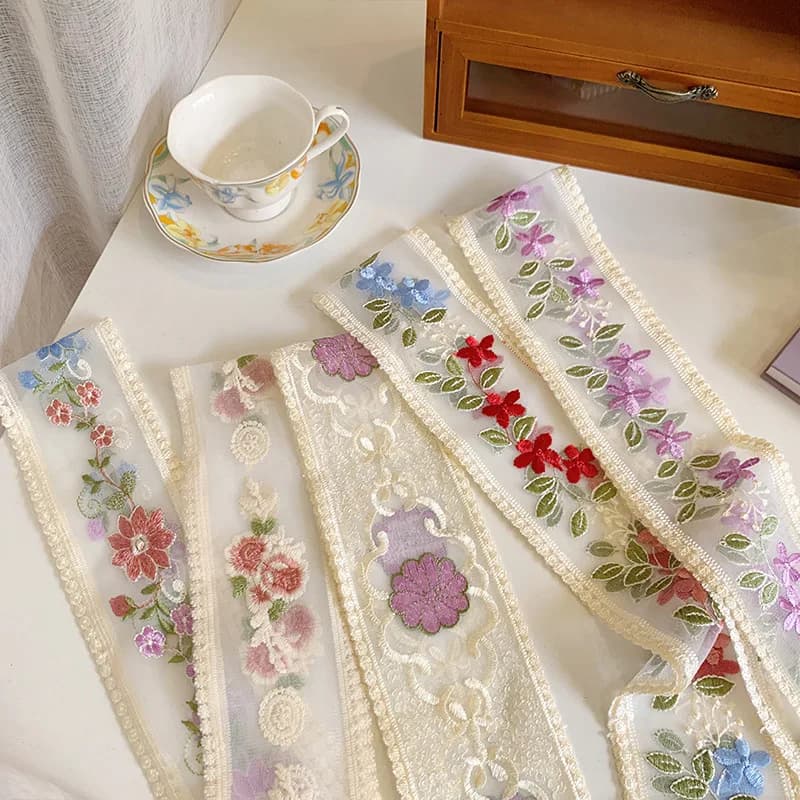 1 Yard Lace Embroidery Flower Ribbon for DIY 9cm Bow Heaband Hair Clip Headwear Accessories Fabric