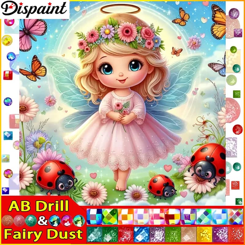 Dispaint Fairy Dust AB Full Diamond Embroidery"Girl Flower Ladybug"Diamond Painting Cross Stitch Patterns Rhinestone Unfinished
