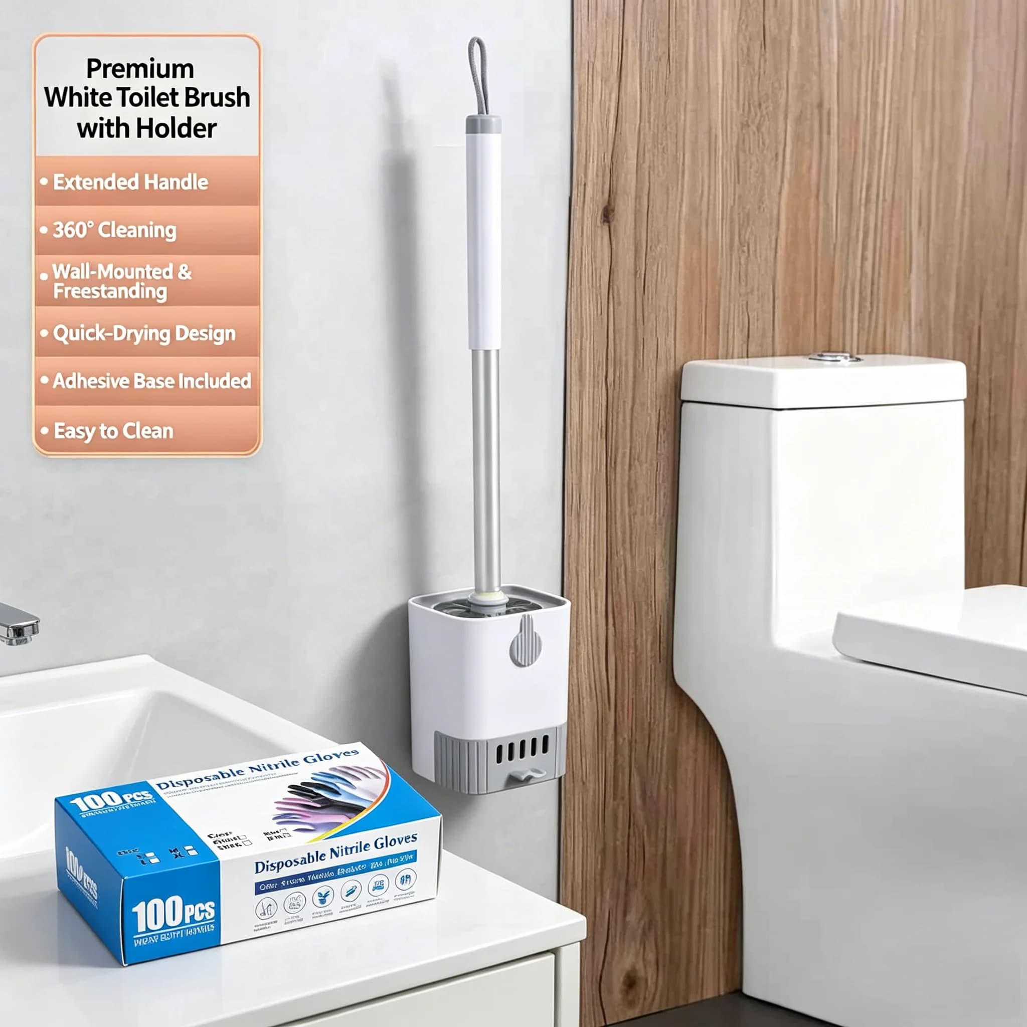 2-Piece Toilet Cleaning Set: Premium PP & Stainless Steel Toilet Brush with Holder, Plus 100 Count Disposable Rubber Gloves for Deep Cleaning