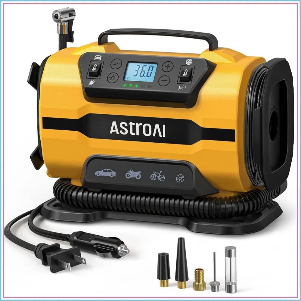 Portable Tire Inflator 150PSI Dual Power with Dual Motors & LED Light, Car Accessories for Cars, Bikes, Air Mattresses, Yellow