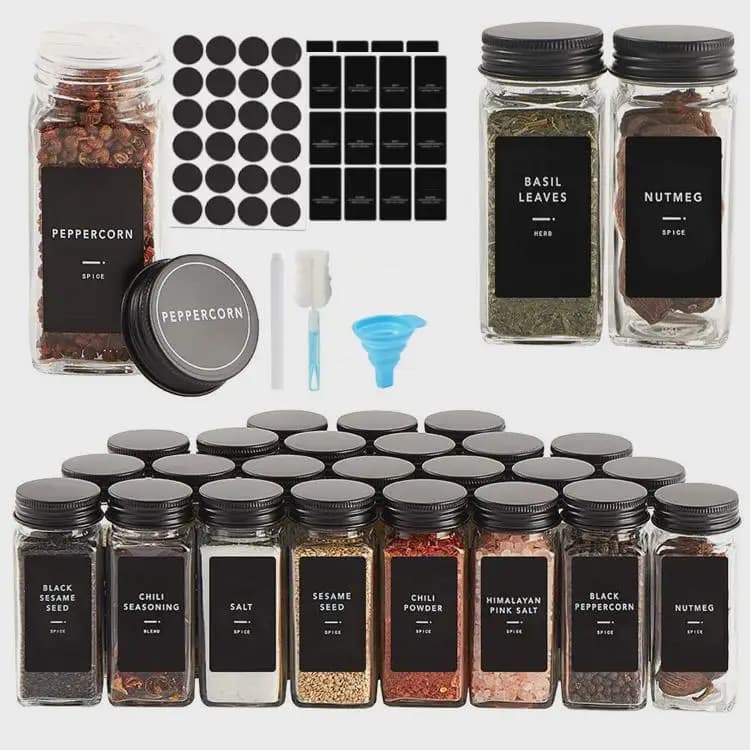 Set di Barattoli Quadrati per Spezie da 4oz con Coperchio in Alluminio, Organizzazione Cucina, Bottiglie per Condimenti Barbecue in Vetro, Stile Sud-est Asiatico