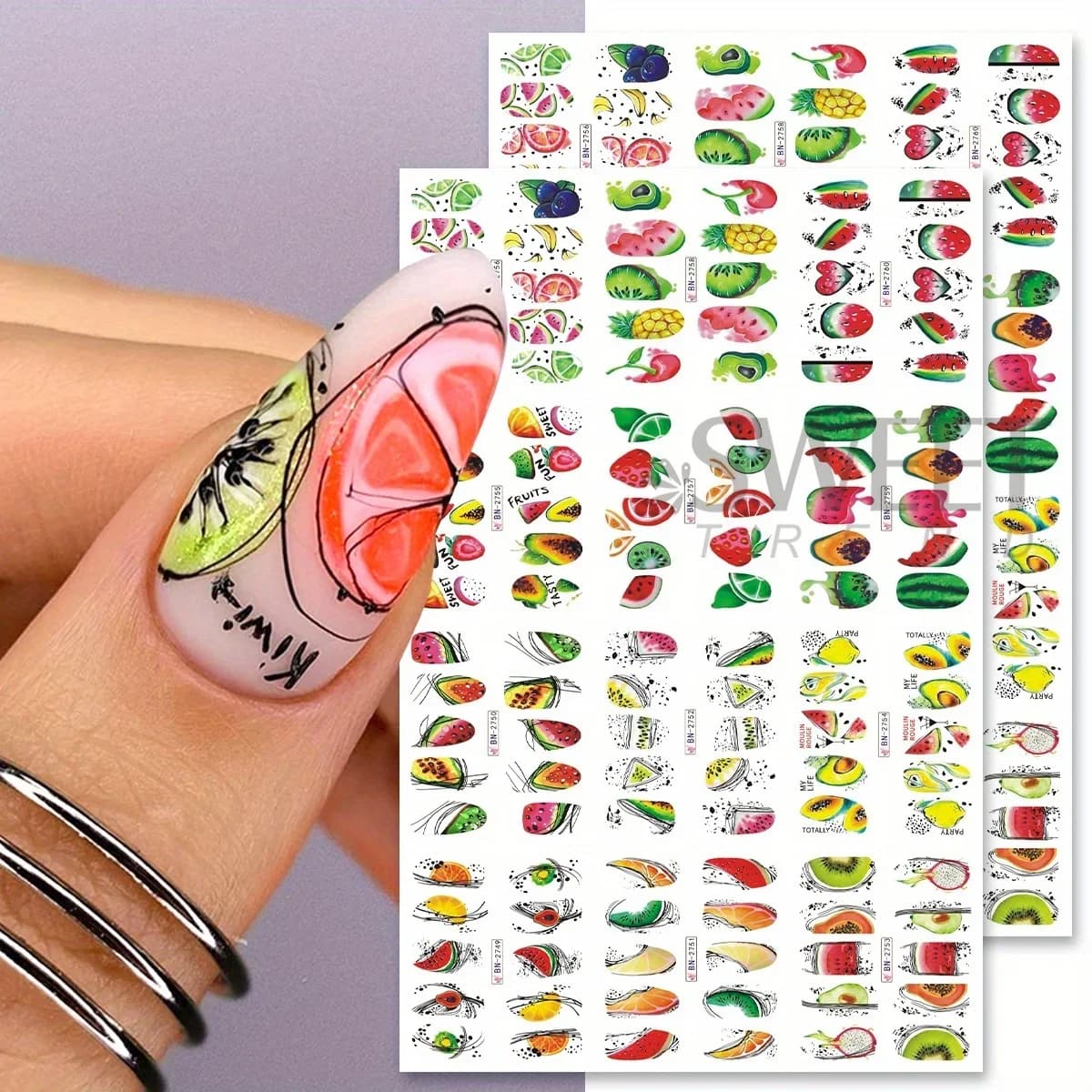 2 Sheet Abstract Line Fruit Water Nail Sliders Geometry Pawpaw Watermelon Avocado Image Decal Summer Tropical Charm Tattoo Foils