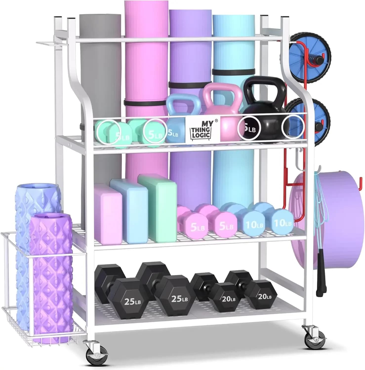 Portaoggetti per Tappetini Yoga, Rack per Palestra, Porta Manubri, Kettlebell, Rulli in Schiuma, Cinghie Yoga, Bande di Resistenza, Attrezzatura per Allenamento