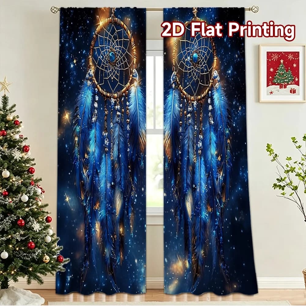 2D flat 2pcs Curtain Modern Minimalist Style Blue Dreamcatchers Galaxy Sky Durable polyester fiber Holiday Decorations for Home