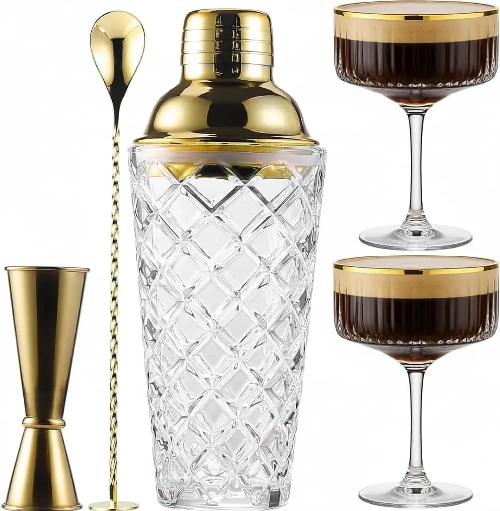 Set Shaker per Cocktail con Bicchieri Coupe, Kit da Barman 5 Pezzi Include Shaker in Vetro a Forma di Ananas, Coperchio Dorato, Jigger e Cucchiaio da Bar