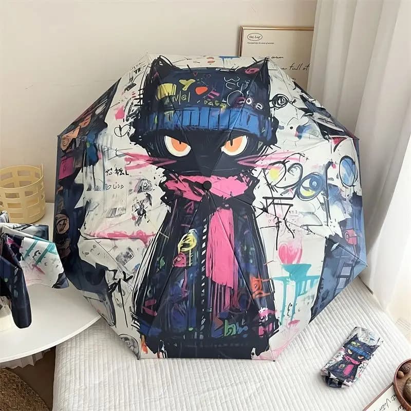 Doodle Gatto Ombrello UV Colla nera Ombrello da sole Sole Pioggia Doppio uso Auto aperto Ombrello tre pieghe Studente Parasole a prova di sole