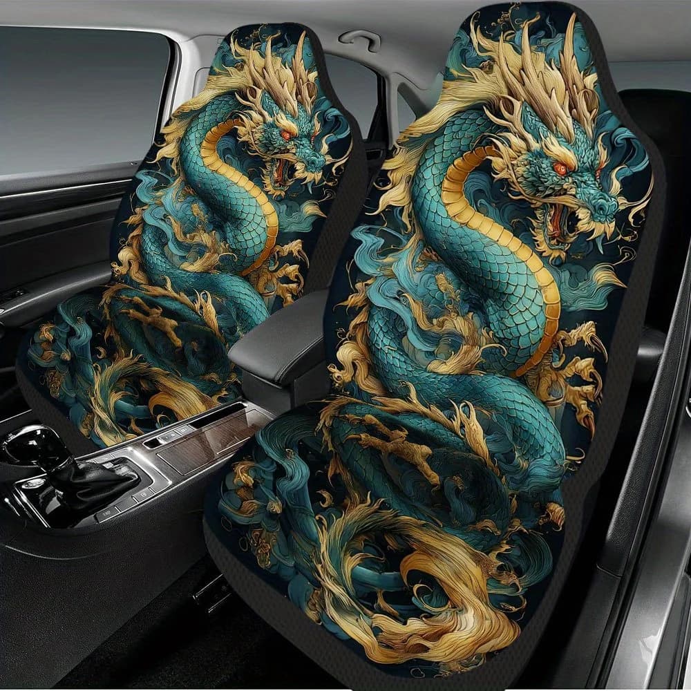 2 car seat covers with dragon print for Chinese New Year - Front seat protectors for cars, SUVs and berline, durable design, easy to install