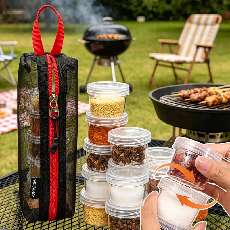 Set 5 in 1 di Contenitori per Spezie in PET per Esterni, Collegabili, a Prova di Perdite, Dispenser per Spezie da Campeggio e BBQ con Borsa in Nylon Appendibile