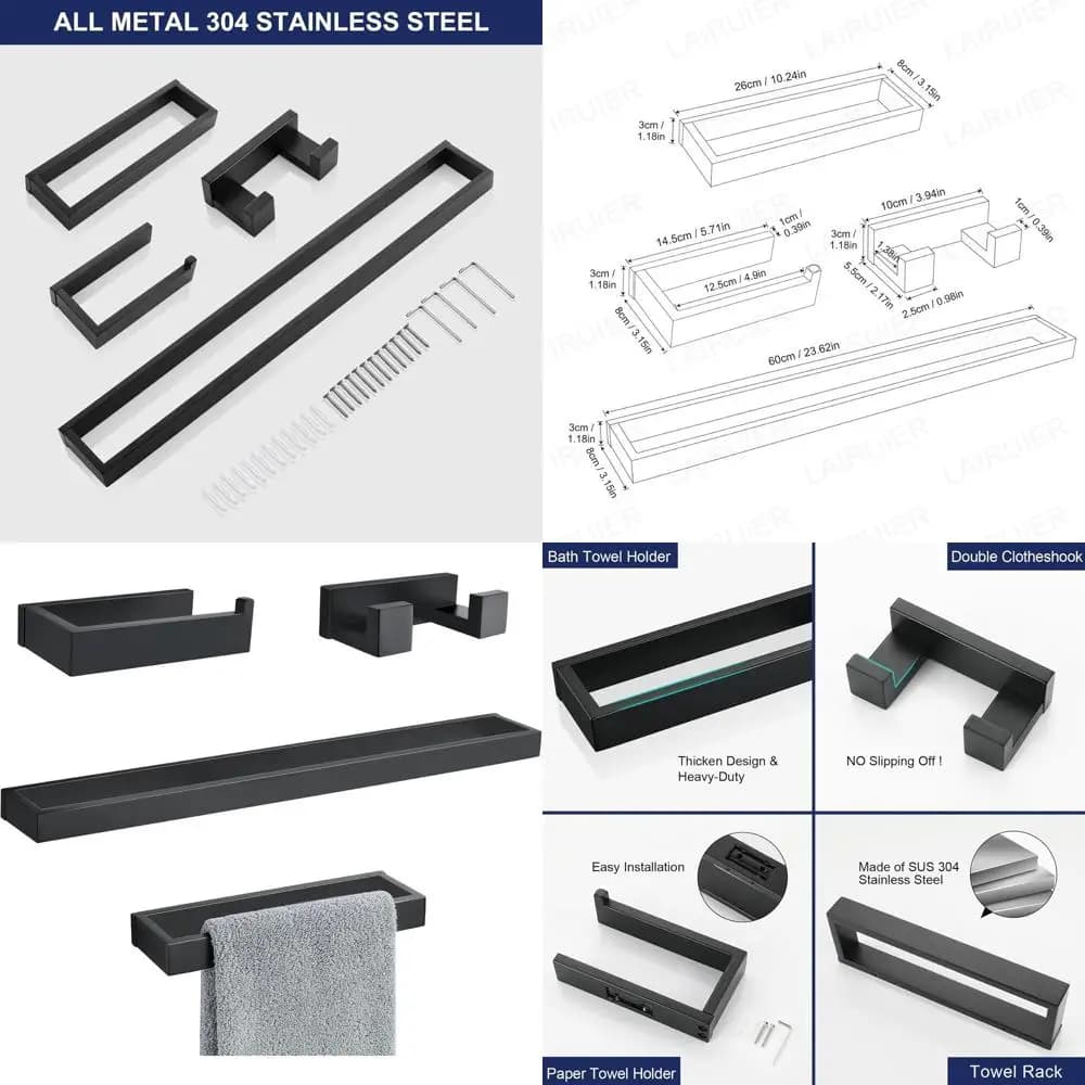 Set di accessori per il bagno nero opaco da 4 pezzi: portasciugamani, portarotolo e gancio - Accessori in acciaio inossidabile