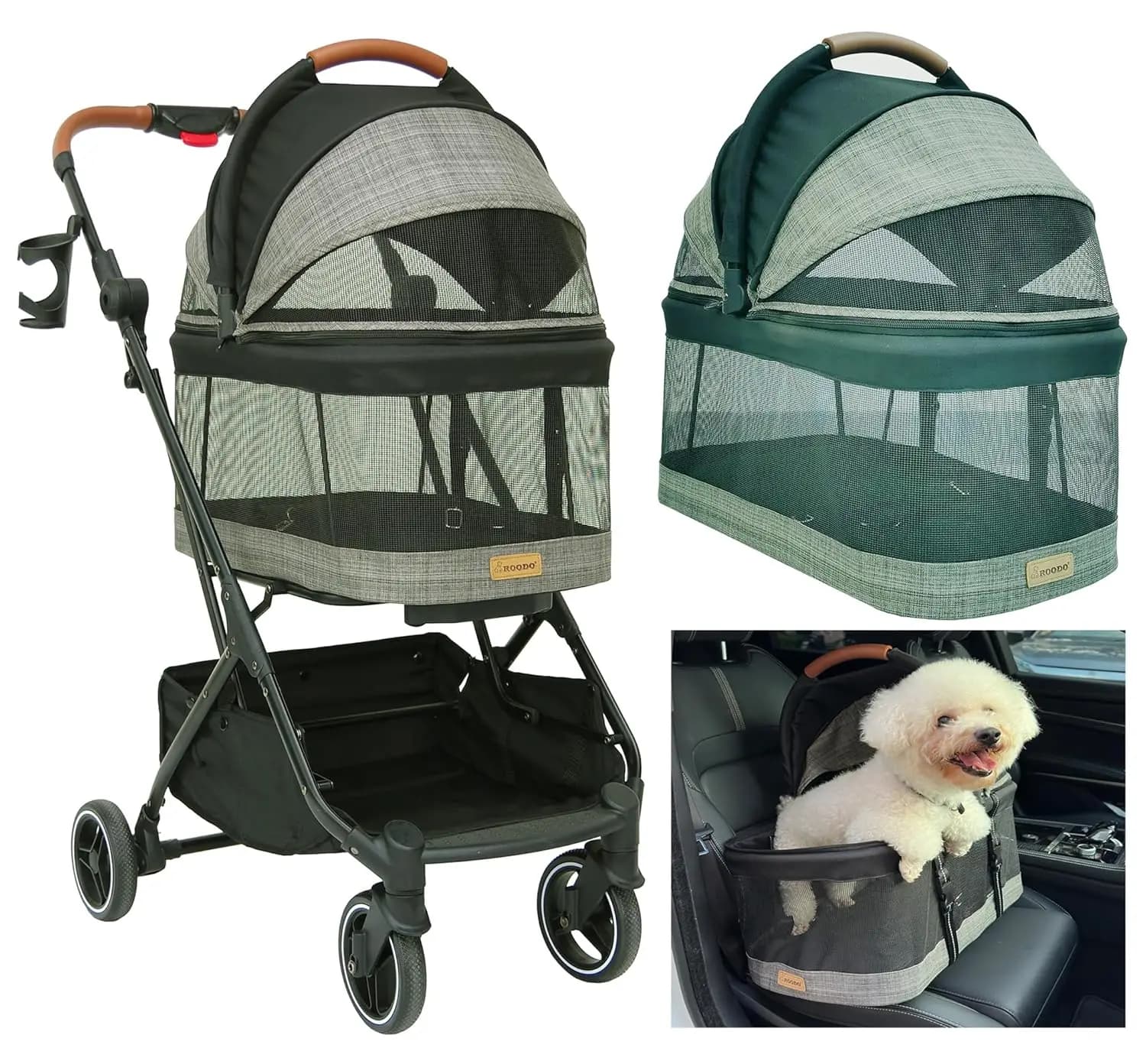 Passeggino per animali domestici 3 in 1 migliorato con trasportino rimovibile, design pieghevole leggero per cani e gatti fino a 16 kg