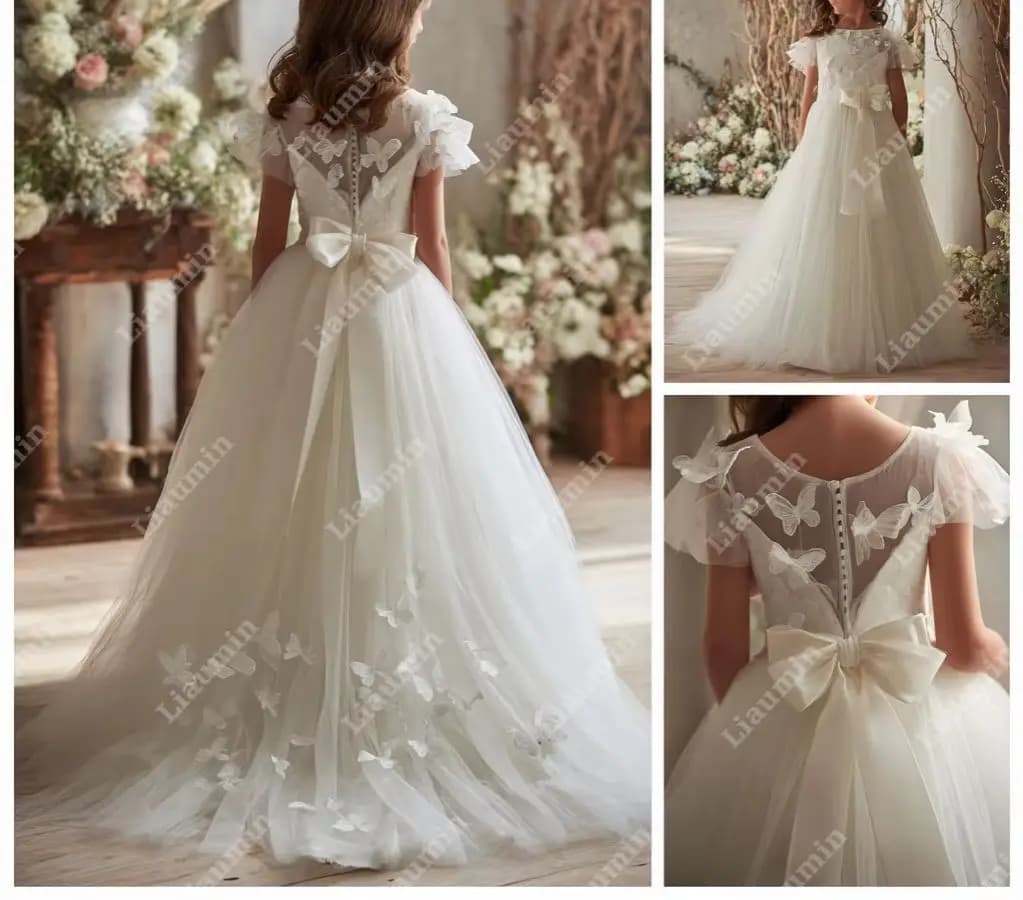 Flower Girl Dresses Amateur Sleeve With Butterfly Applications Wedding Princess First Communion Dresses Custom Show Gonna W1.1.33