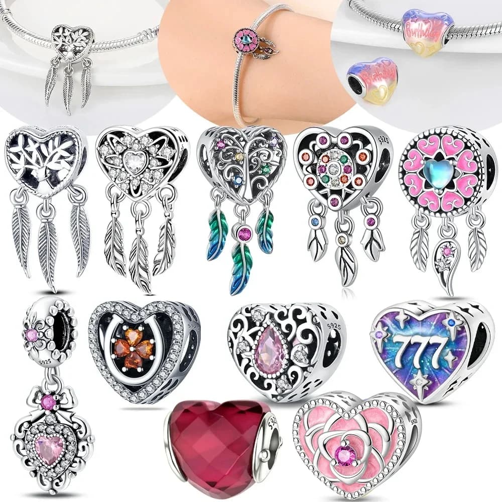 Heart Dreamcatcher Feather Dangle Original Charms Silver Plated Beads Fit Bracelets Bag Keychain Charms Diy Women Gift Accessory