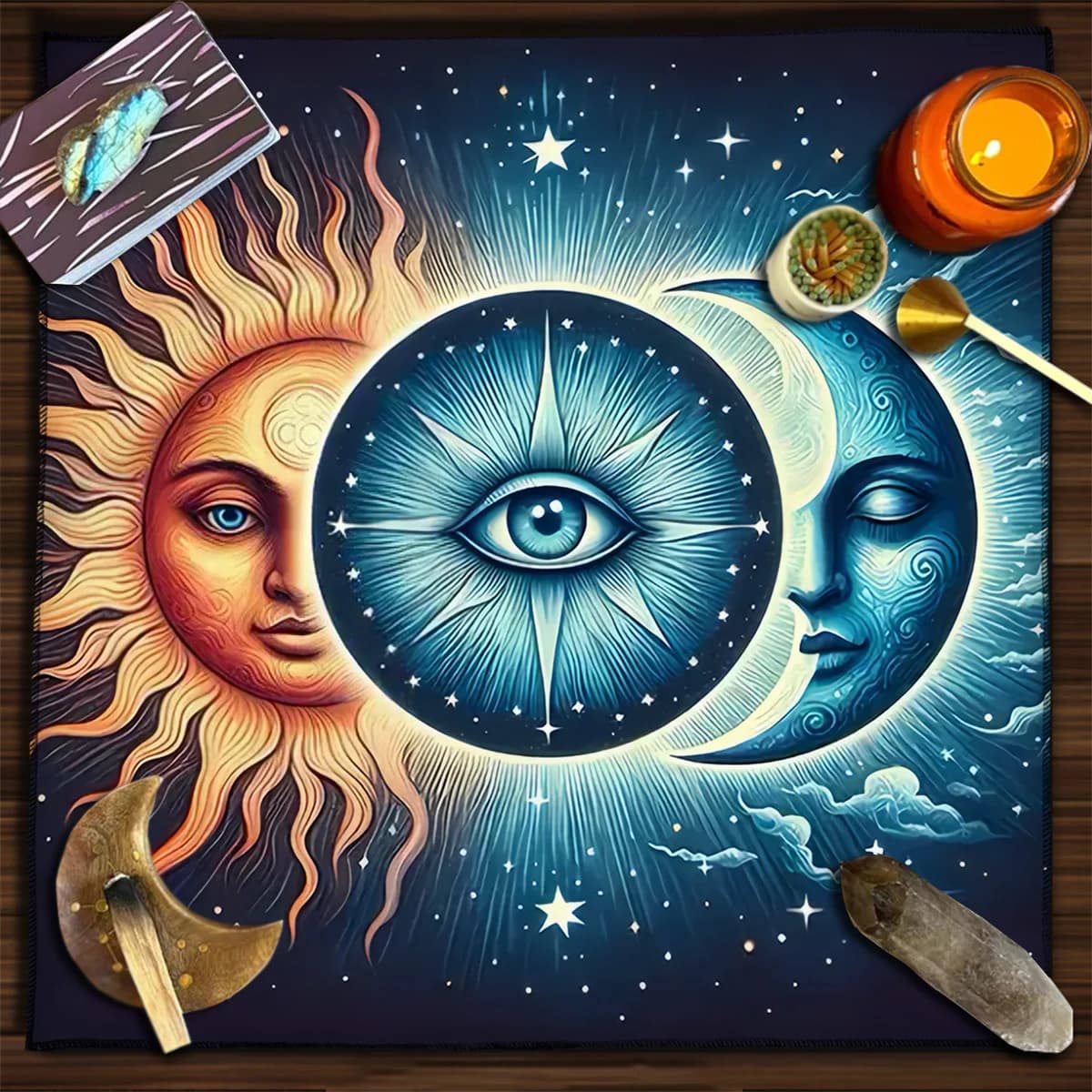 Tovaglia per tarocchi blu sole e luna Tovaglia per altare divinazione Tovaglia pagana per tappetino per tarocchi Strega Wiccan Decorazioni per la casa Tappetino per carte