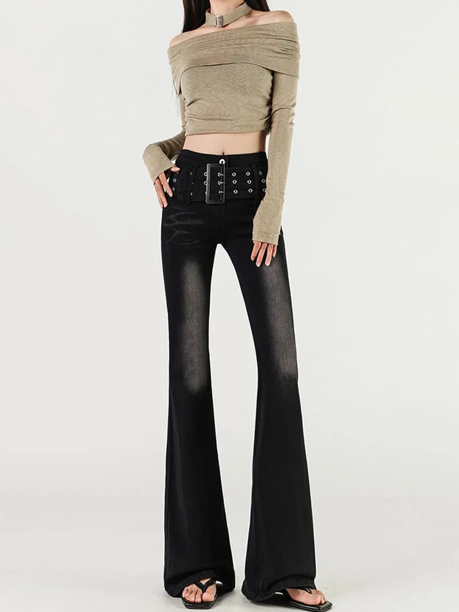 Retro High Waist Wide Leg Jeans Women's Summer New Belt Decorative Design High-End Feeling Floor-Length Bell Bottoms