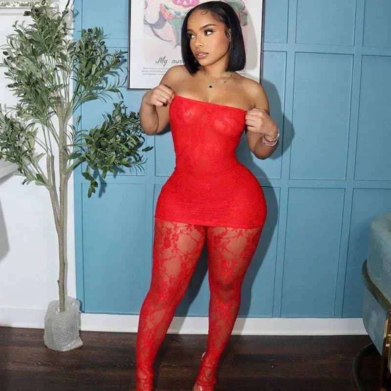 Completi da Night Club Sexy per donna Set da 2 pezzi abbigliamento da Festival Top senza spalline in tubo di pizzo e Set coordinati per leggings spedizione gratuita