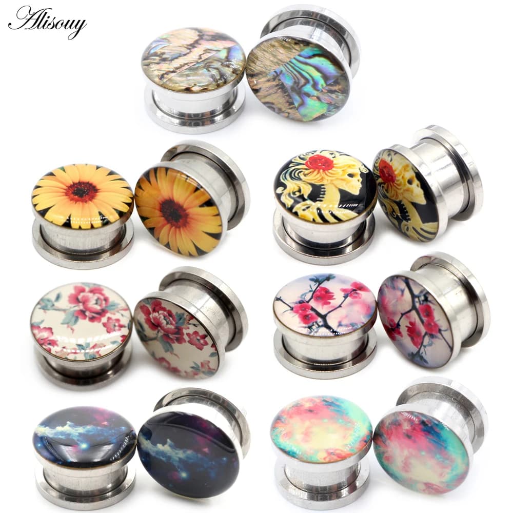 Alisouy 2 Pezzi Tunnel per Orecchie in Acciaio Inossidabile con Motivi Fiore, Teschio, Nuvole, Dilatatori, Espansori, Orecchini, Gioielli per Piercing