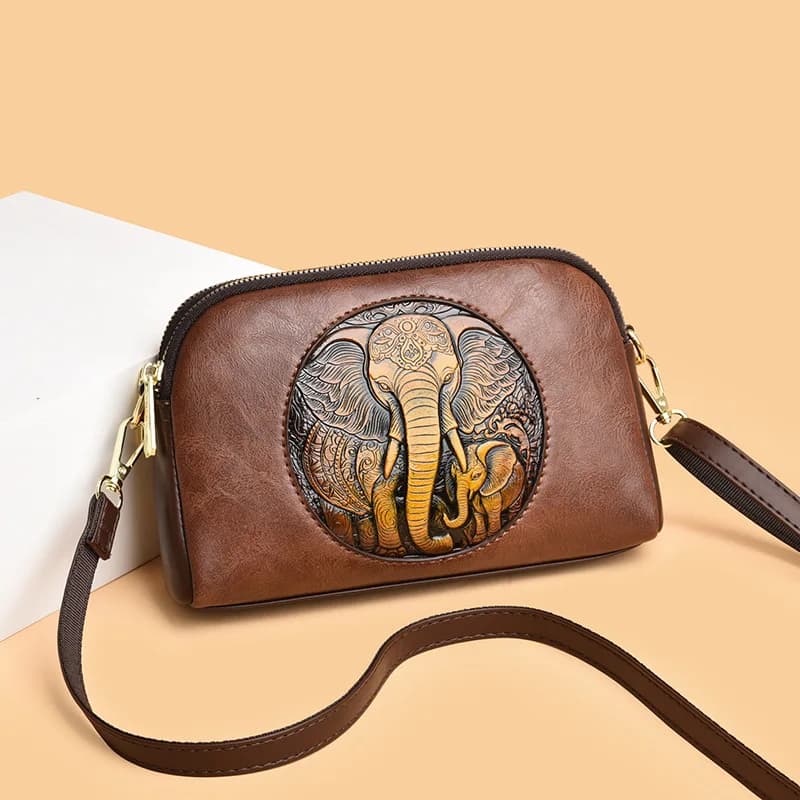 Borsa a tracolla da donna in pelle intagliata con elefantino, stile folk, per cellulare e monete, per signore di mezza età