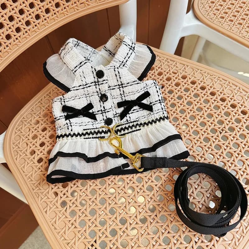 Elegant Tweed Style Dog Dress Harness Set Summer Pet Clothes with Leash for Small Dogs Cats Puppy 1-3 Set