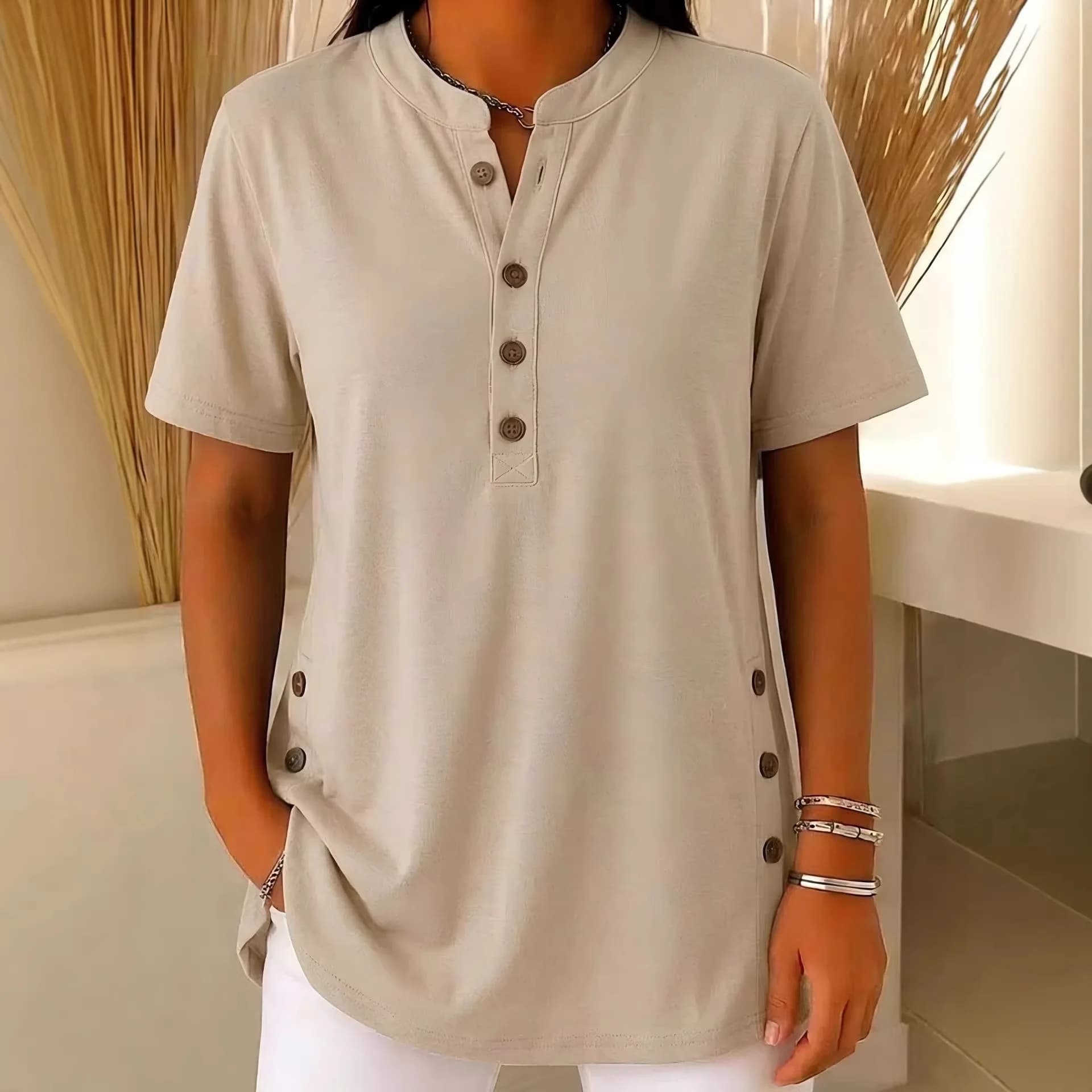 T-shirt casual estiva da donna a maniche corte, scollo a V, tinta unita, con bottoni - Collezione Estate 2026