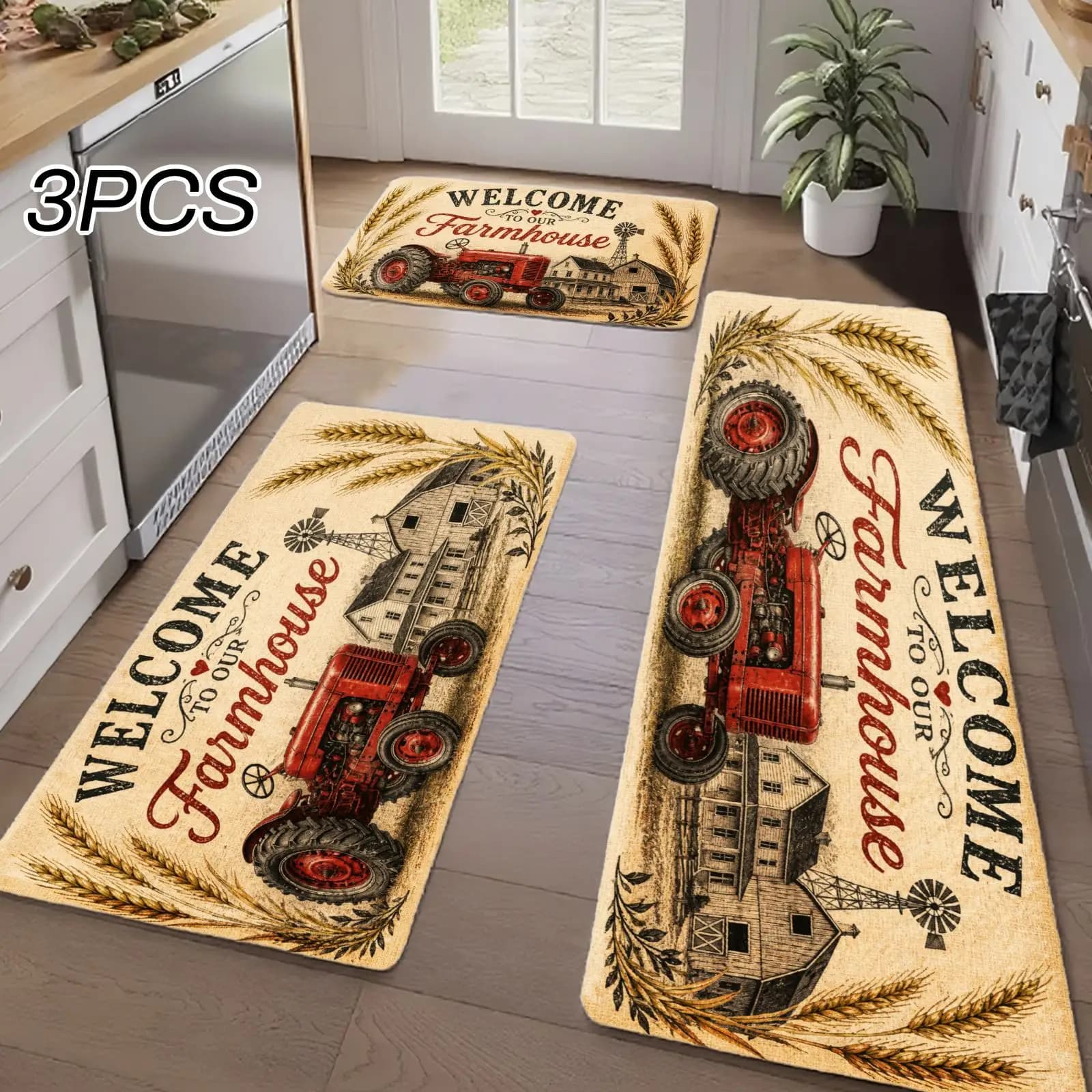 3PCS Kitchen Rugs,Home Decoration for Front Door, Kitchen, Bathroom, Welcome To Our Farmhouse Red Tractor Barn Wheat Dining Mat