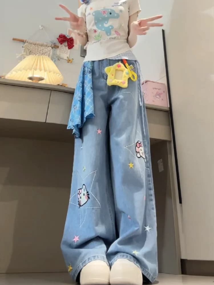 American Retro Scarf Embroidered Jeans Women Summer Loose Slim Straight Leg Floor-Length Pants High Waist Soft Denim Non-Stretch