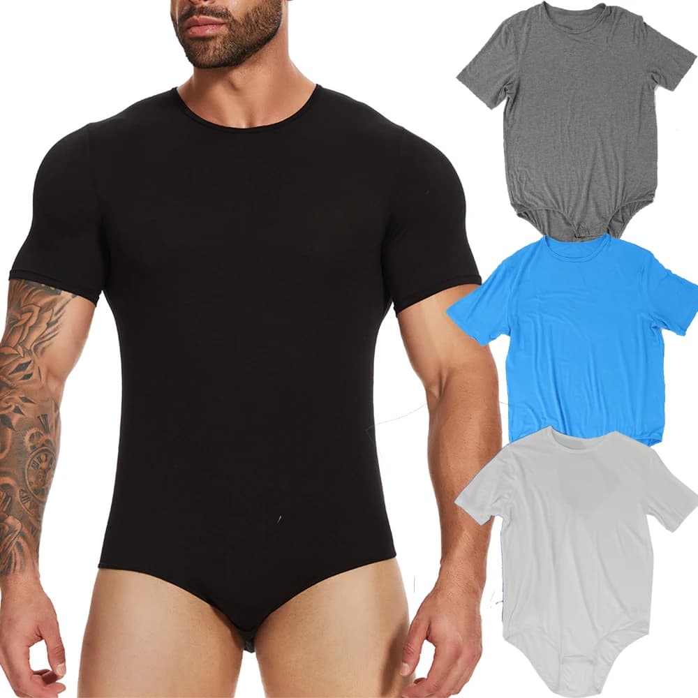 Mens Short Sleeve Bodysuit Pajamas One Piece Crew Neck Romper Body Suit Basic Onesie Shirt 2025 New in
