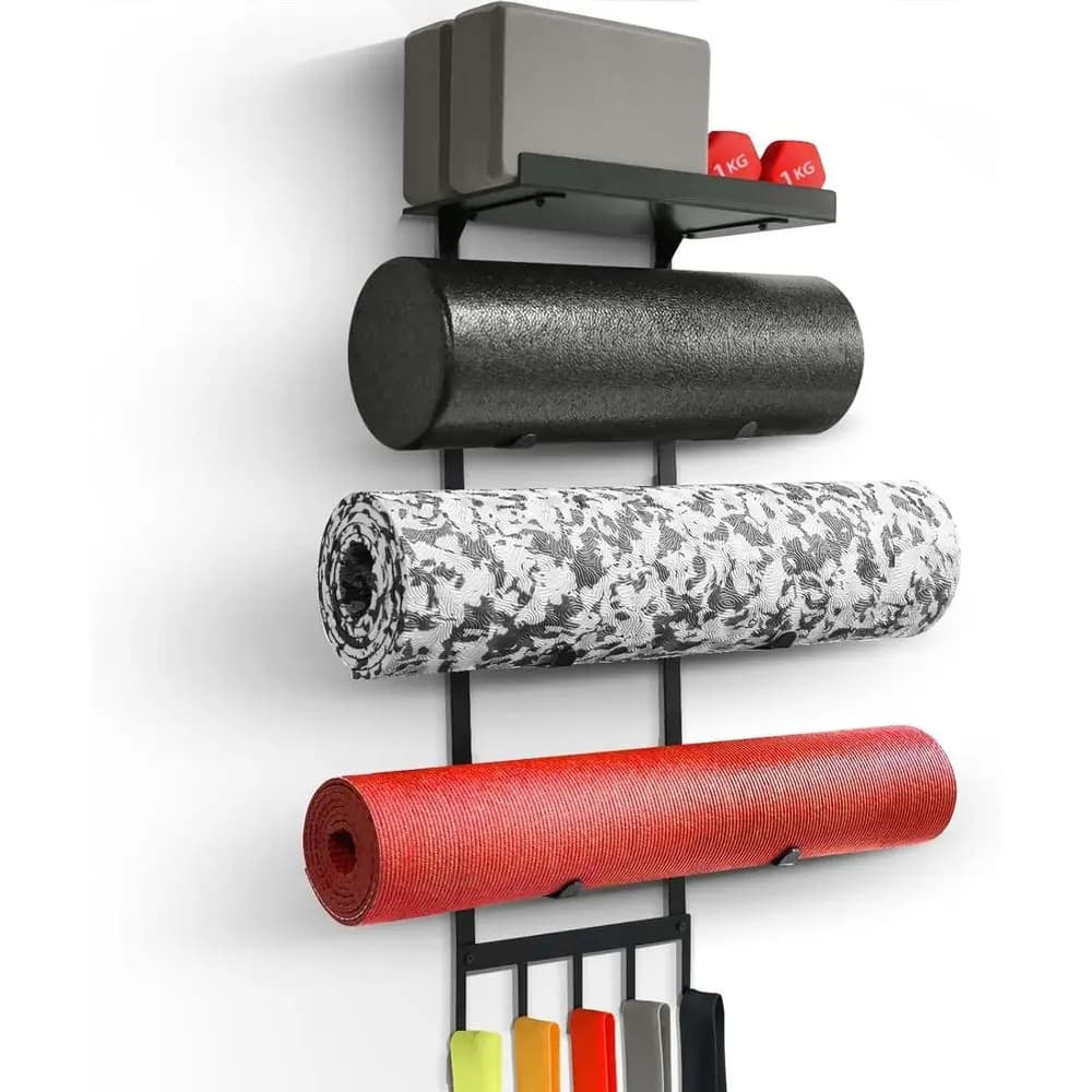 Yoga mat wall mount, home gym shelf with upper floating shelf, 4-level yoga mat with blocks/roles and decorations