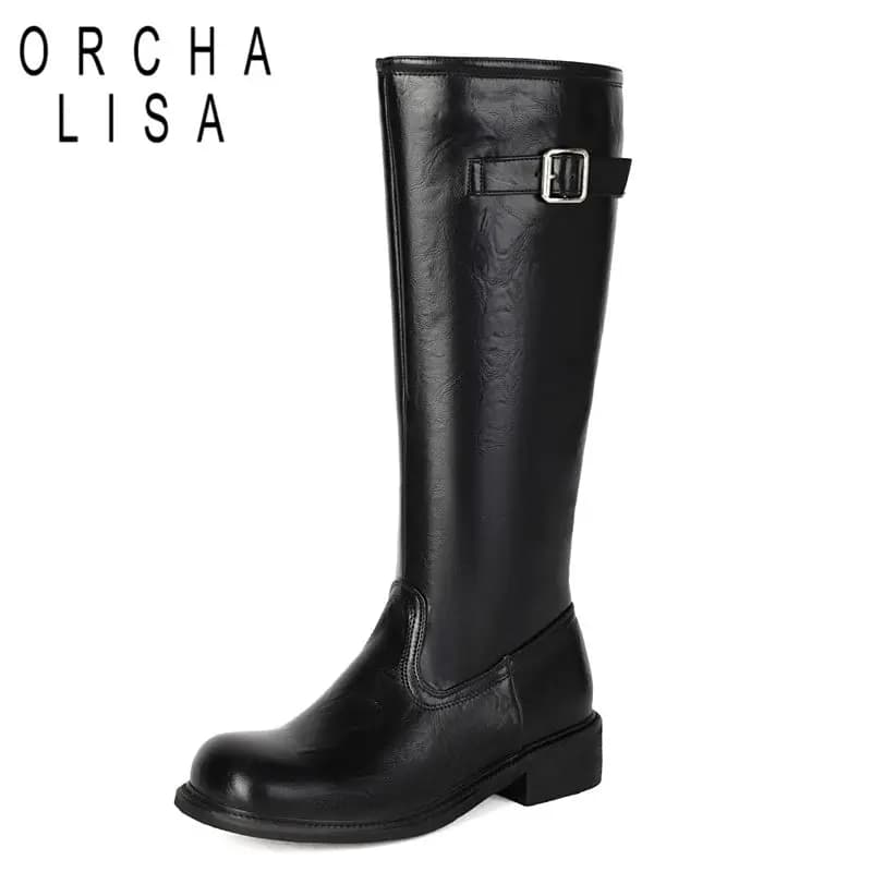 ORCHA LISA Classic Female Knee High Boots Round Toe Thick Heels 3.5cm Zipper Plus Size 44 45 46 47 Retro Daily Motorcycle Bota