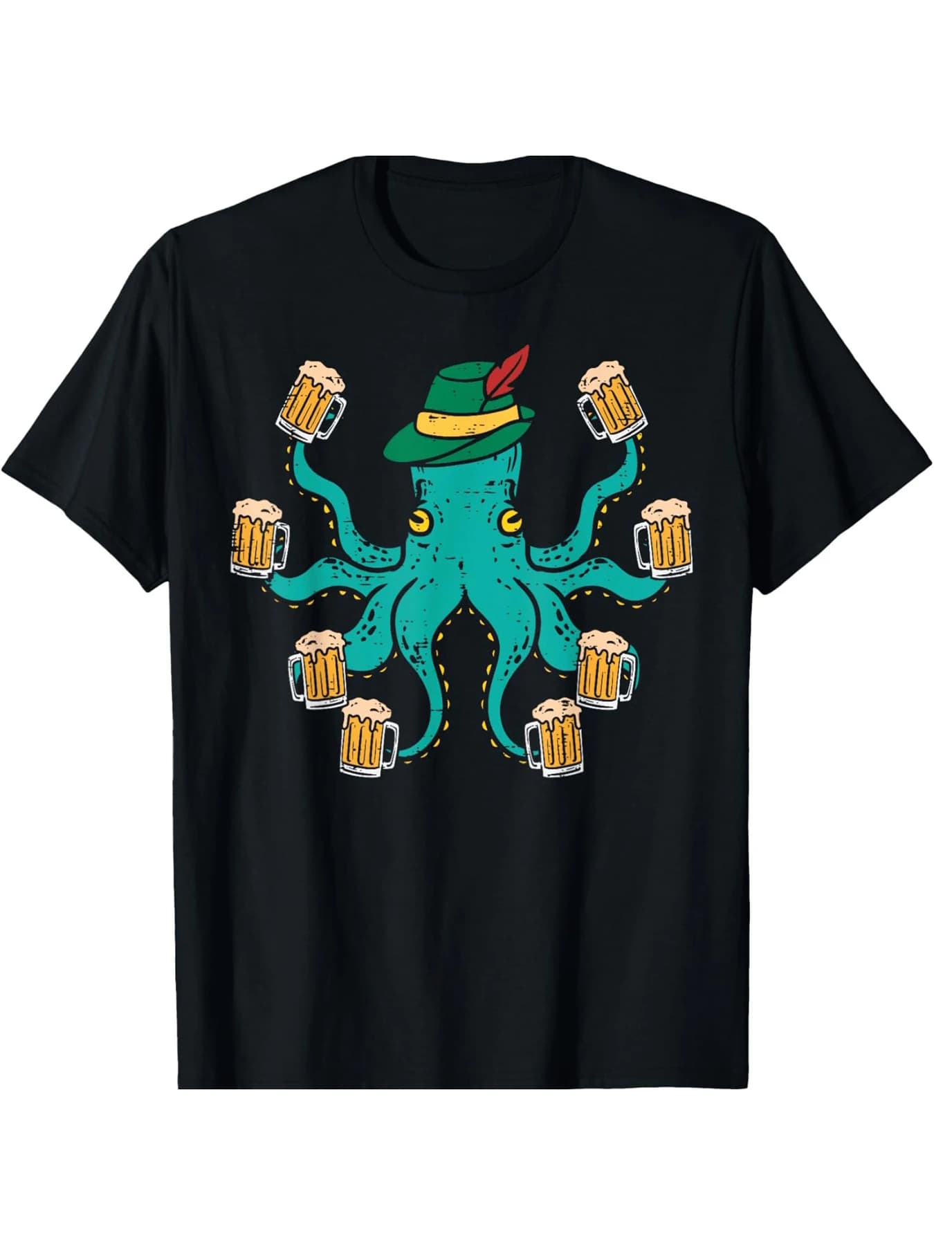 T-shirt a maniche corte da uomo e da donna con polpo che indossa un cappello e tiene tazze di birra, girocollo nero