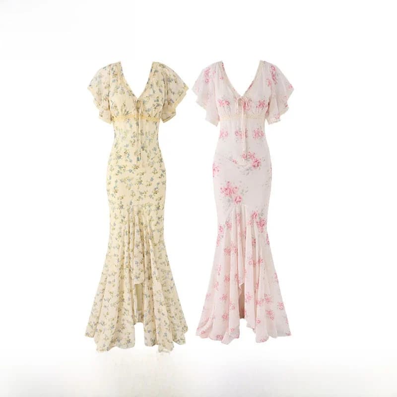 Fashionable V-neck Floral Rose Tailored Dress Women's Polyester Short Sleeve Print City Commute Style New Arrival Dress
