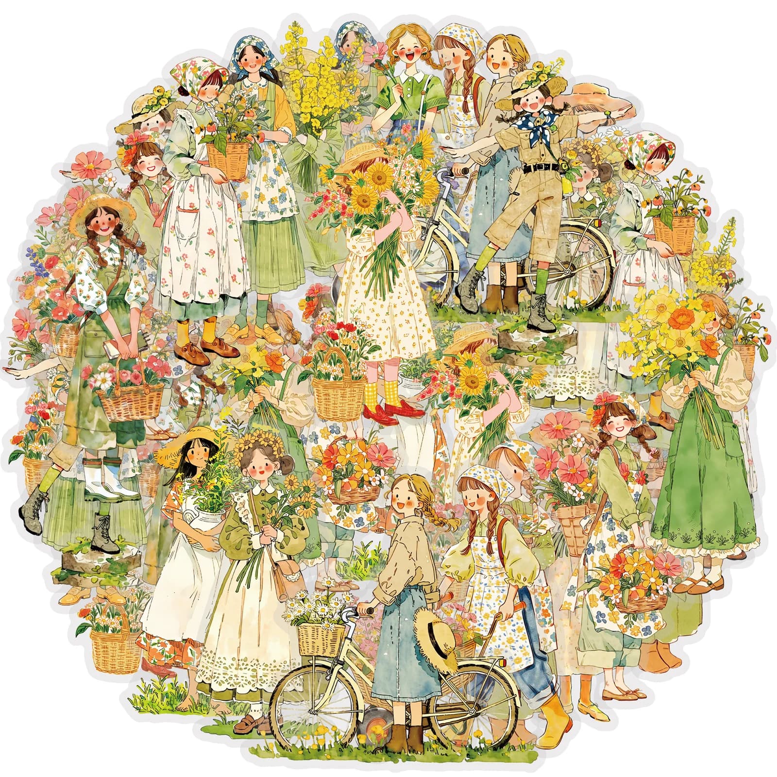 Etori Life 15pcs Garden Gardener Girl Pattern Healing Landscape PET Stickers are suitable for laptops, phone backs, handbags, photo albums, diaries, pencil cases, scrapbooking supplies, office decoration items, student gift bags, artistic aesthetics, baking seals, Korean stationery, and children's stickers