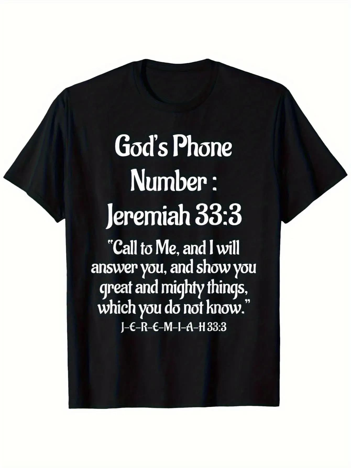Men's Jeremiah 33:3 Bible Verse T-Shirt - "Call Me" God's Phone Number Religious Theme T-Shirt, Black Background with White Text