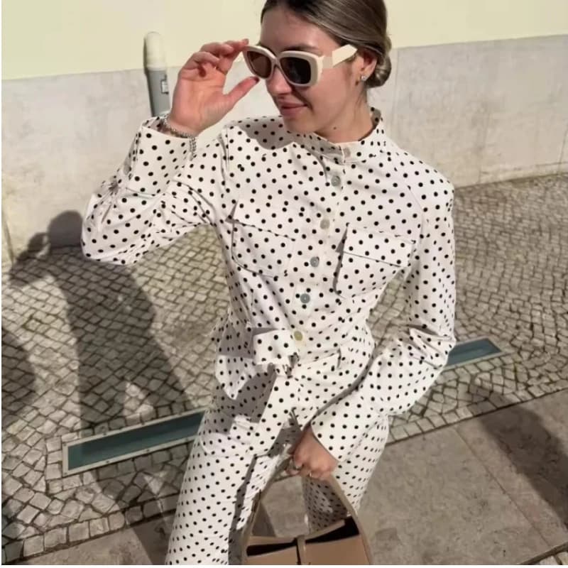 Women's polka dot with cropped jacket and trousers, set 2 pieces with top single-breasted collar and laces, slim high waist pants, women's set