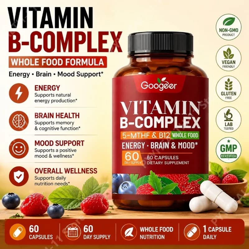 B Complex Vitamins Supplement with Biotin B12 Folate Blueberry Astragalus Herbal Blend for Daily Energy Wellness Support 60 Ct