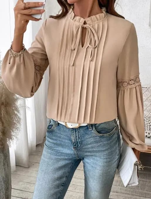 Elegant 2026 Women's Chiffon Shirt Spring New Solid Color Pit Lace Patchwork Lantern Sleeves Slim fit Long Sleeve Chiffon Shirt