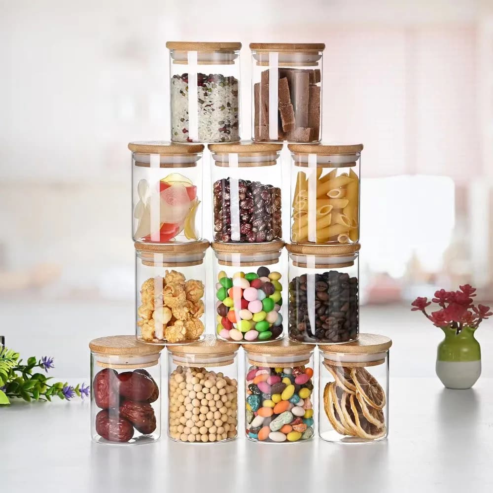 Set di 12 Barattoli per Spezie con Coperchio in Legno, Bottiglie in Vetro Trasparente Circolari, Contenitori per Cucina, Sale, Spezie, Ristorante, Barattoli Sigillati
