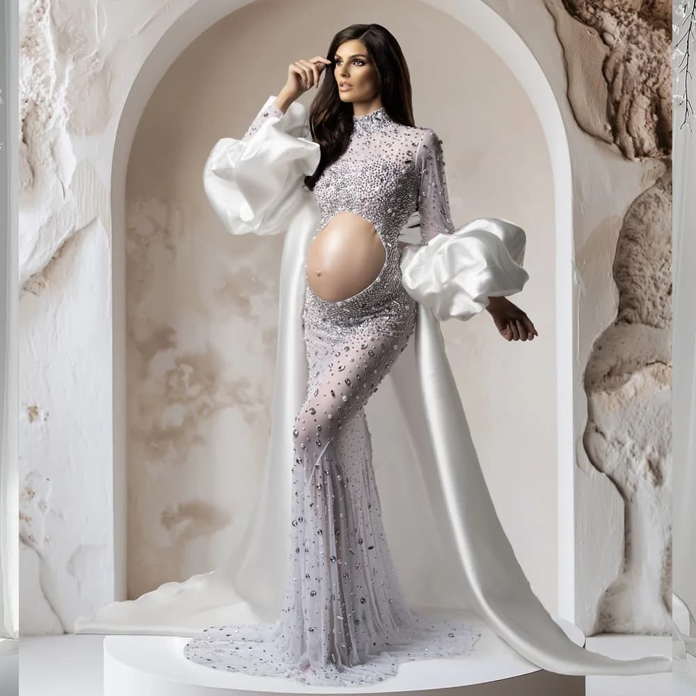 Abito da servizio fotografico per donne incinte Abito da sera elegante con strass scintillanti Abiti premaman elastici trasparenti sexy