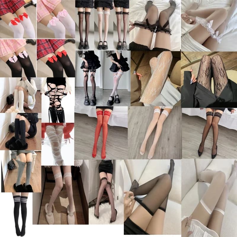 Calze a rete da donna con fiocco in pizzo, sopra il ginocchio, stile Lolita JK