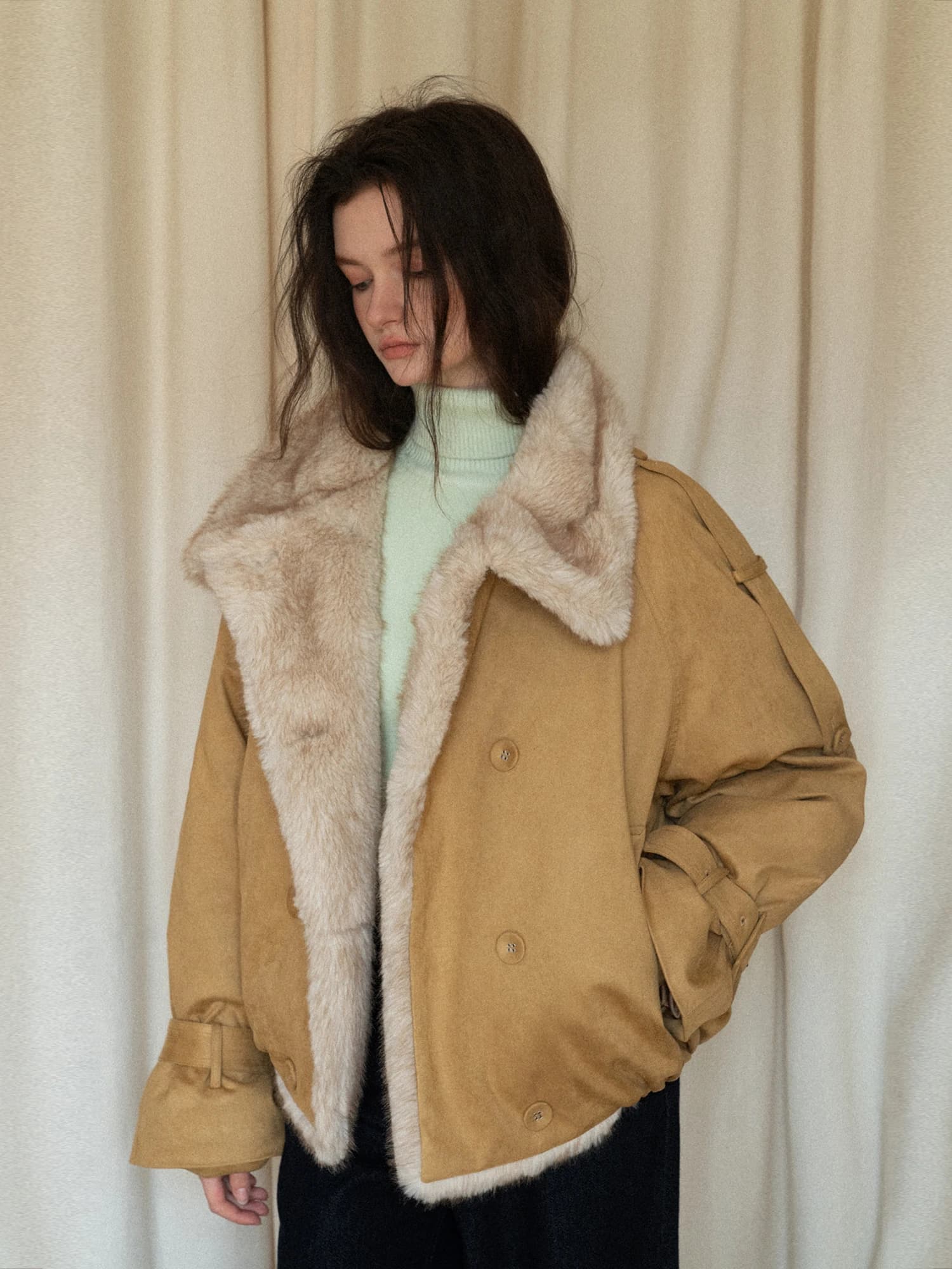 Thickened Fleece Lined Short Jacket Women's Retro Fashionable Warm Eggka Kaki Outerwear Spring Autumn Winter Casual Stylish