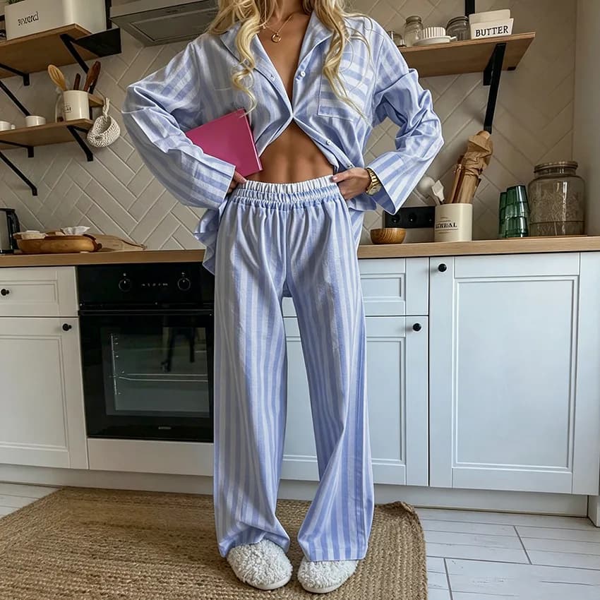 Casual Loose Blue Stripe Cotton 2 Piece Sets Pajamas for Women Outfit Elegant Long Sleeve Shirt with High Waist Pants Set Female
