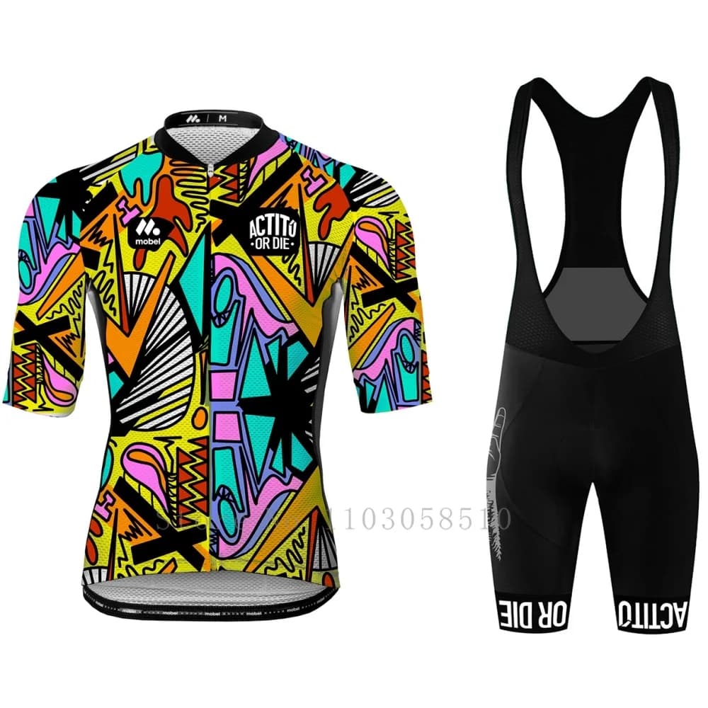 Actitu or die Maglia da ciclismo estiva Set Camicia da bicicletta a maniche corte Pantaloncini con bretelle Traspirante MTB Bike Equitazione Tuta da ciclismo UPF50+