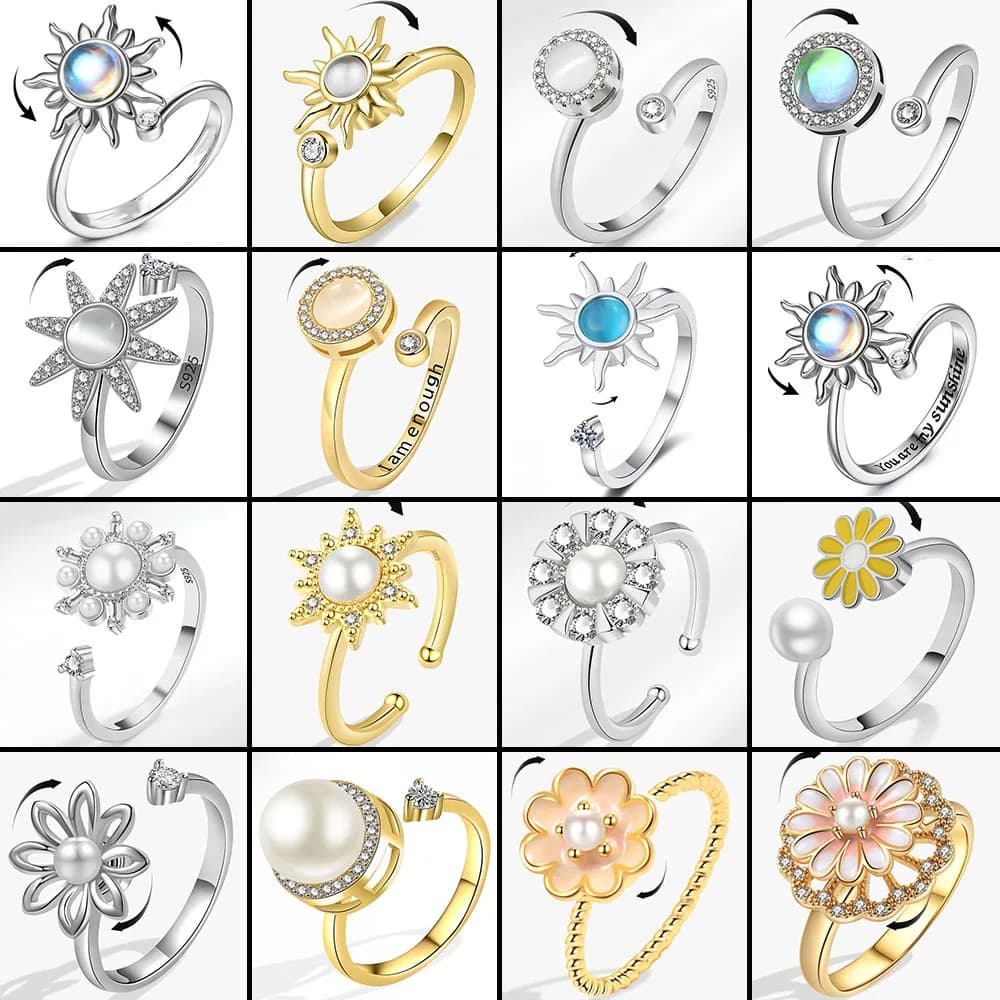 Romantico girasole pietra di luna anello aperto per le donne Spinner in metallo Fidget perla sollievo dall'ansia gioielli rotanti anillo regolabile