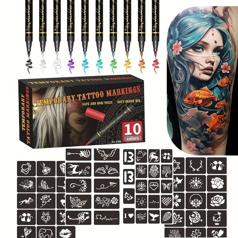 Temporary Tattoo Marker Set 10 Colors With 59 Reusable Templates Metallic Body Art Pens DIY Drawing Makeup Tools